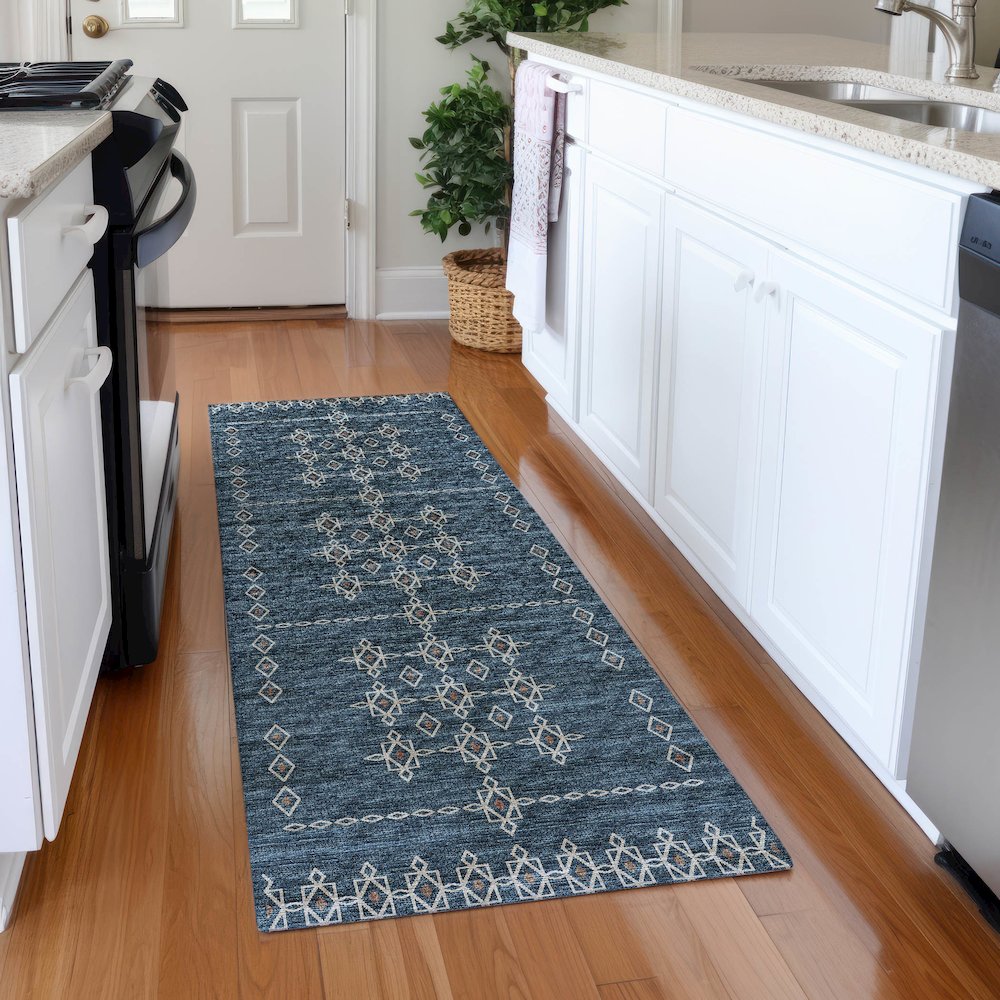 Premium Machine Washable Mayfield  Blue 2'3" x 7'6" Runner Rug. Picture 5