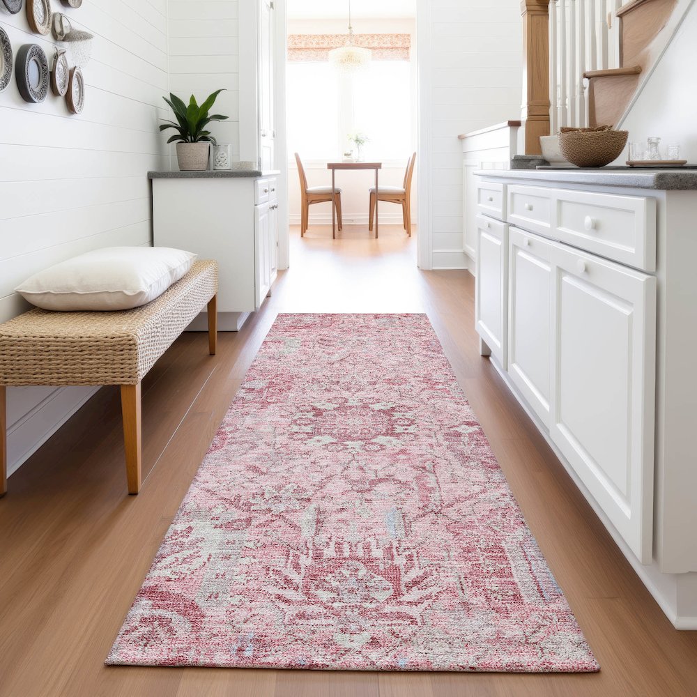 Premium Machine Washable Mayfield AMF1102 Pink 2'3" x 7'6" Runner Rug. Picture 5