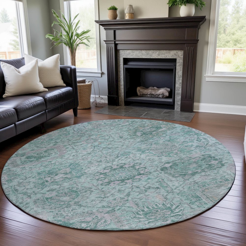 Premium Machine Washable Mayfield AMF1102 Teal 8' x 8' Round Rug. Picture 5