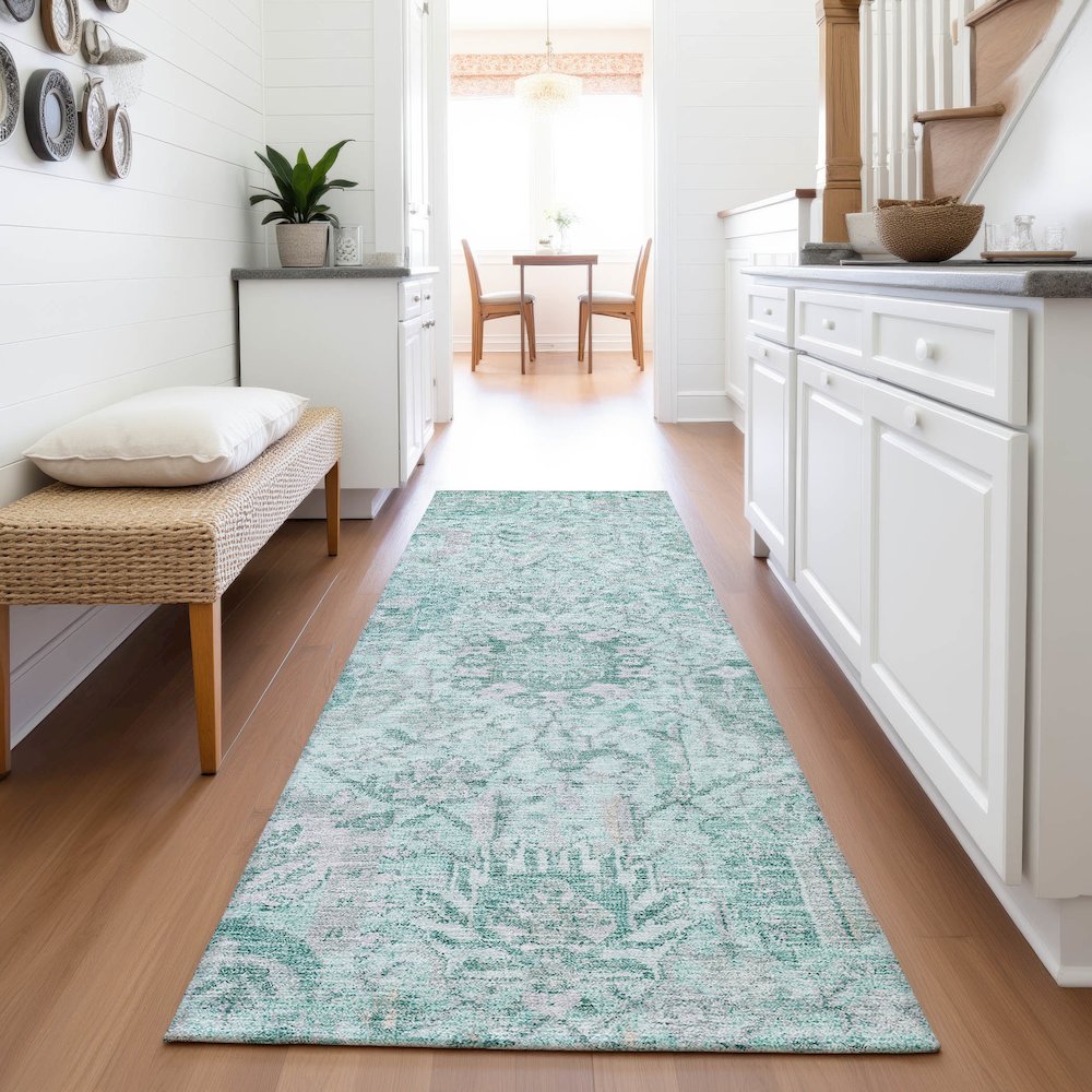 Premium Machine Washable Mayfield AMF1102 Teal 2'3" x 7'6" Runner Rug. Picture 5
