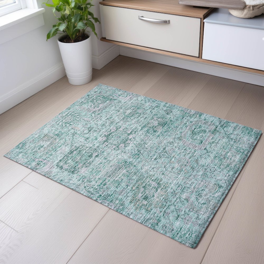 Premium Machine Washable Mayfield AMF1102 Teal 1'8" x 2'6" Rug. Picture 5