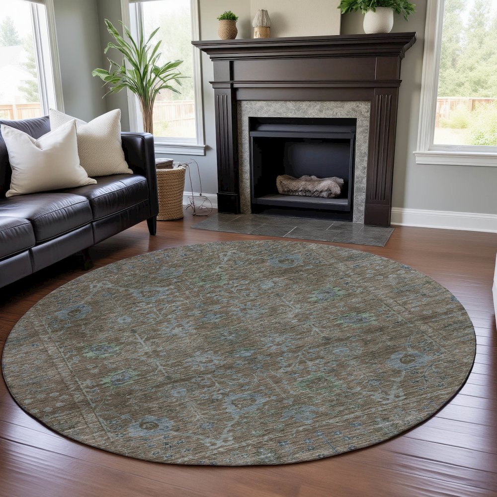 Premium Machine Washable Mayfield AMF1106 Brown 8' x 8' Round Rug. Picture 5
