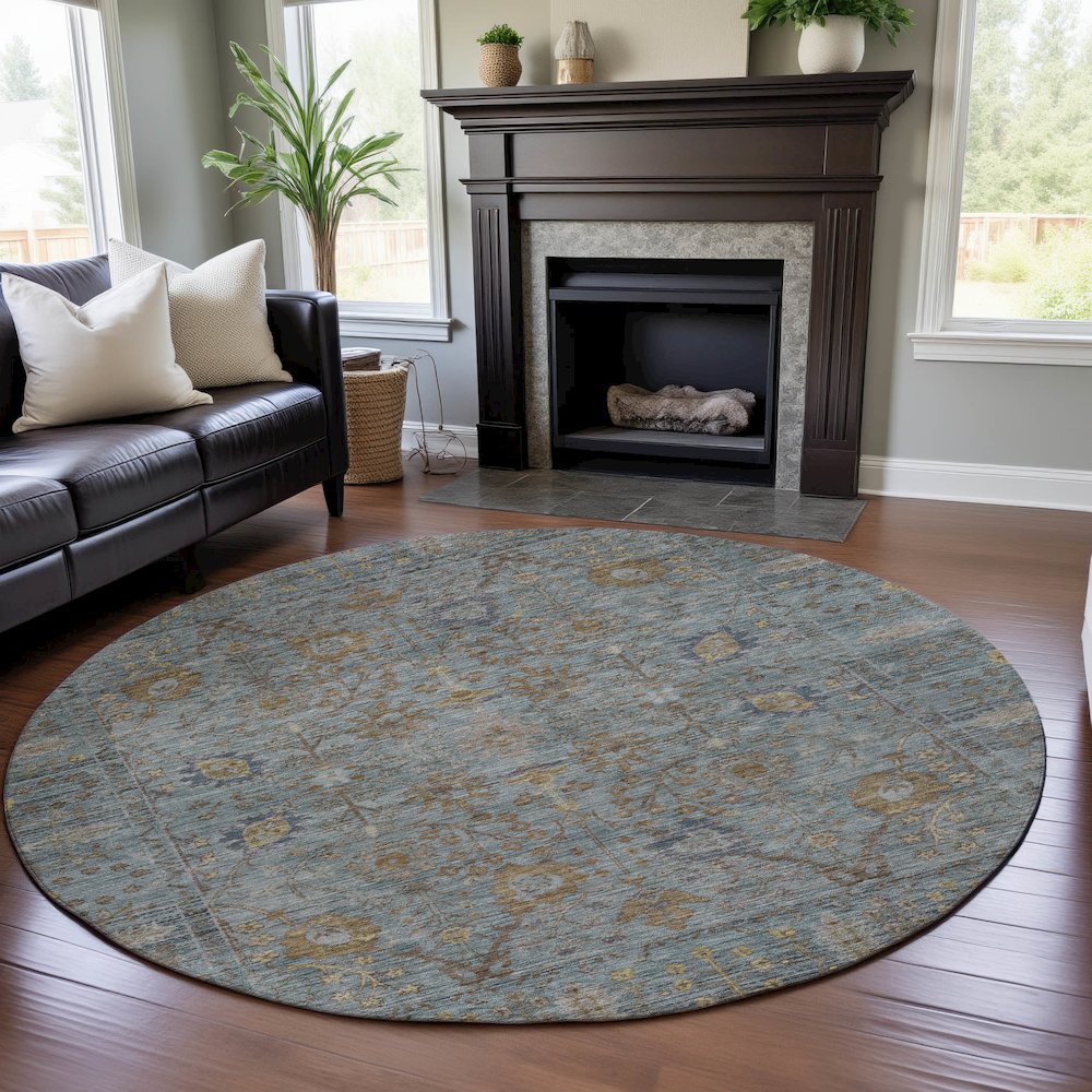 Premium Machine Washable Mayfield AMF1106 Teal 8' x 8' Round Rug. Picture 5