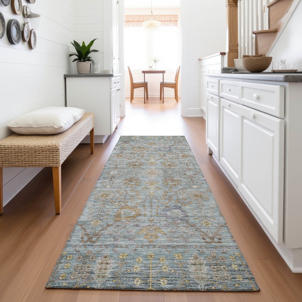 Premium Machine Washable Mayfield AMF1106 Teal 2'3" x 7'6" Runner Rug. Picture 5
