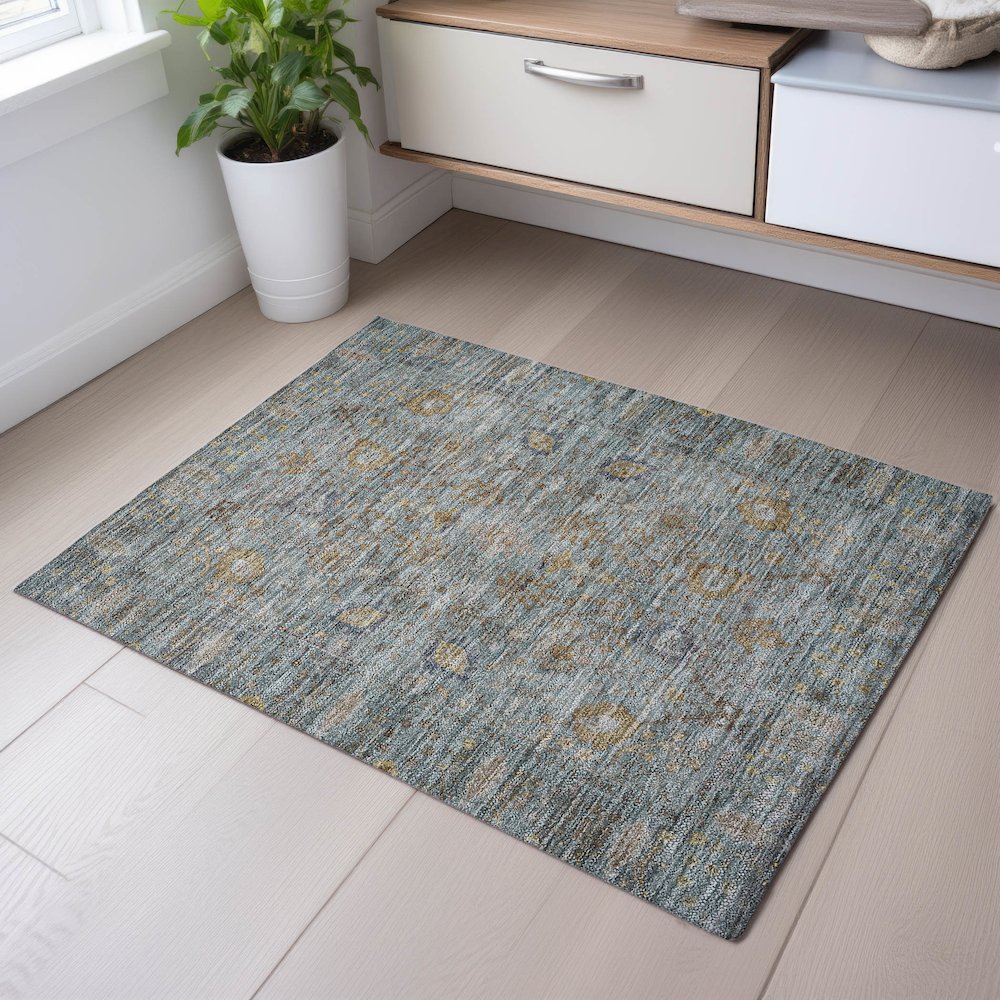 Premium Machine Washable Mayfield AMF1106 Teal 1'8" x 2'6" Rug. Picture 5