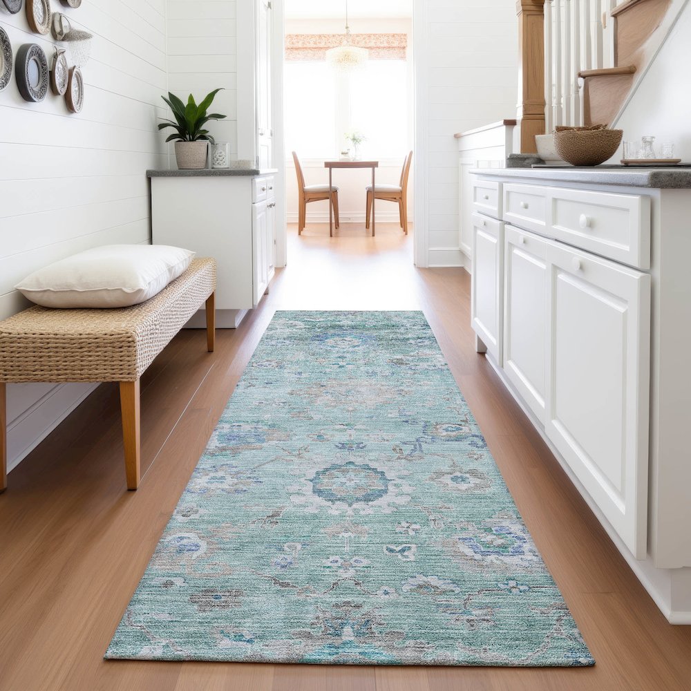 Premium Machine Washable Mayfield AMF1107 Seafoam 2'3" x 7'6" Runner Rug. Picture 5