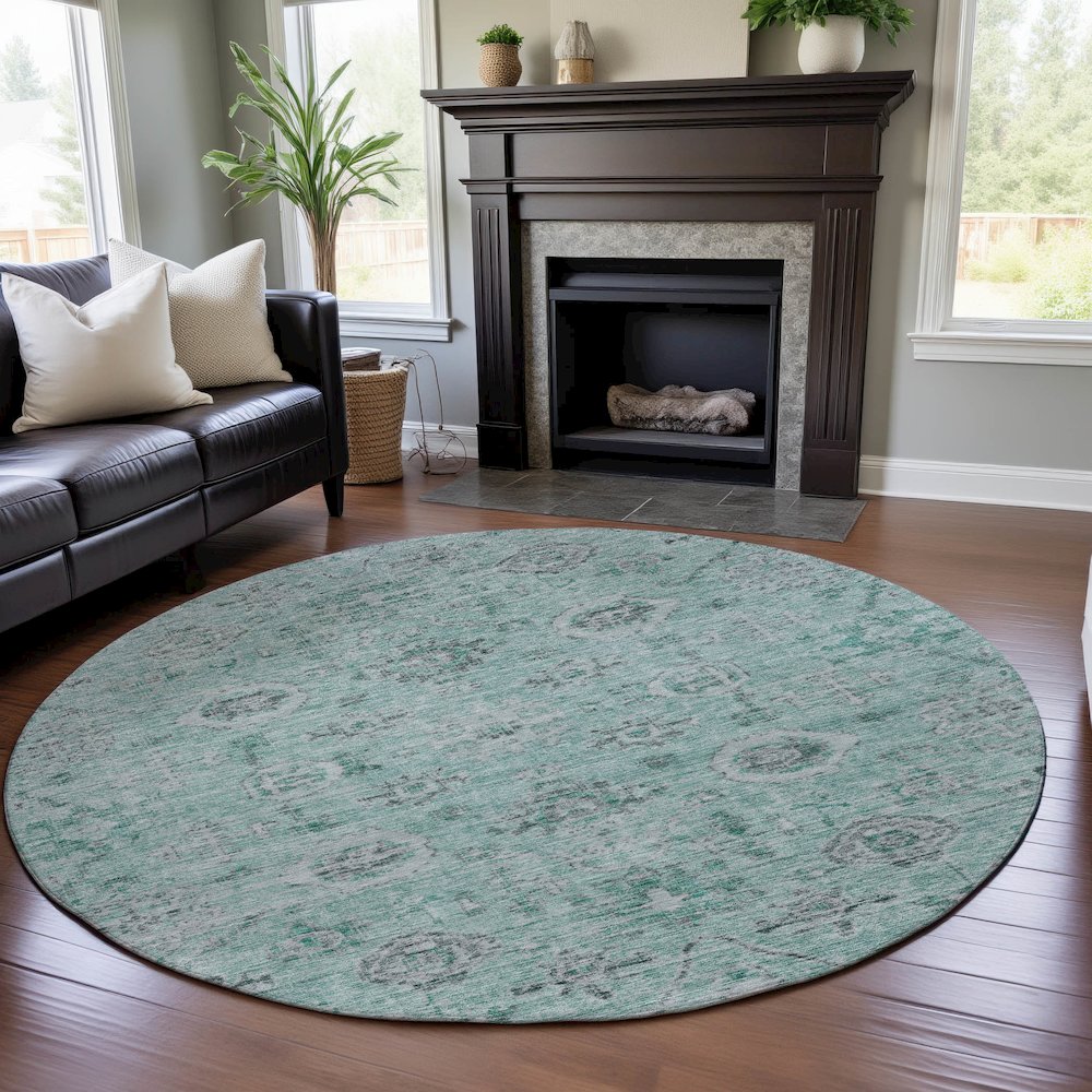 Premium Machine Washable Mayfield AMF1110 Teal 8' x 8' Round Rug. Picture 5