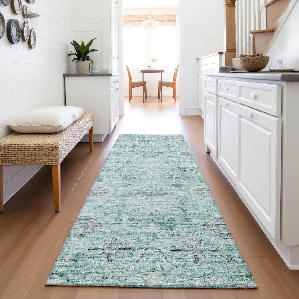 Premium Machine Washable Mayfield AMF1110 Teal 2'3" x 7'6" Runner Rug. Picture 5