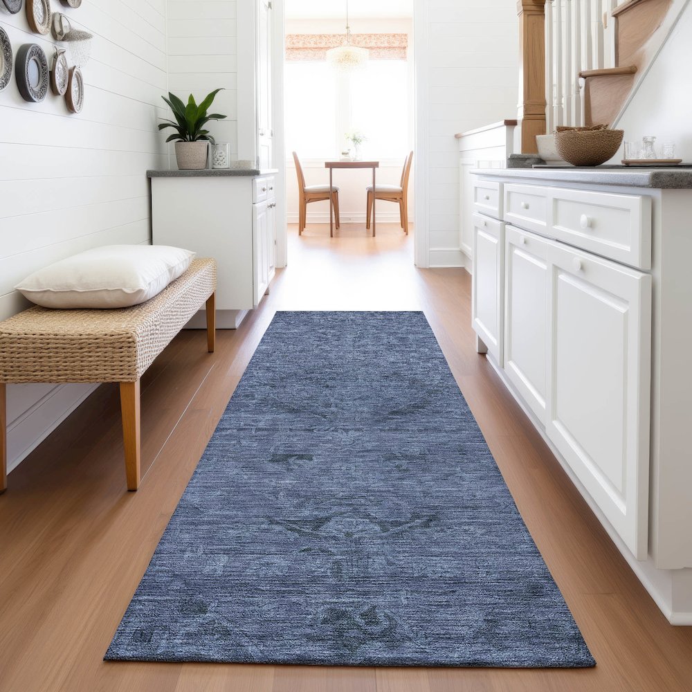 Premium Machine Washable Mayfield AMF1111 Navy 2'3" x 7'6" Runner Rug. Picture 5