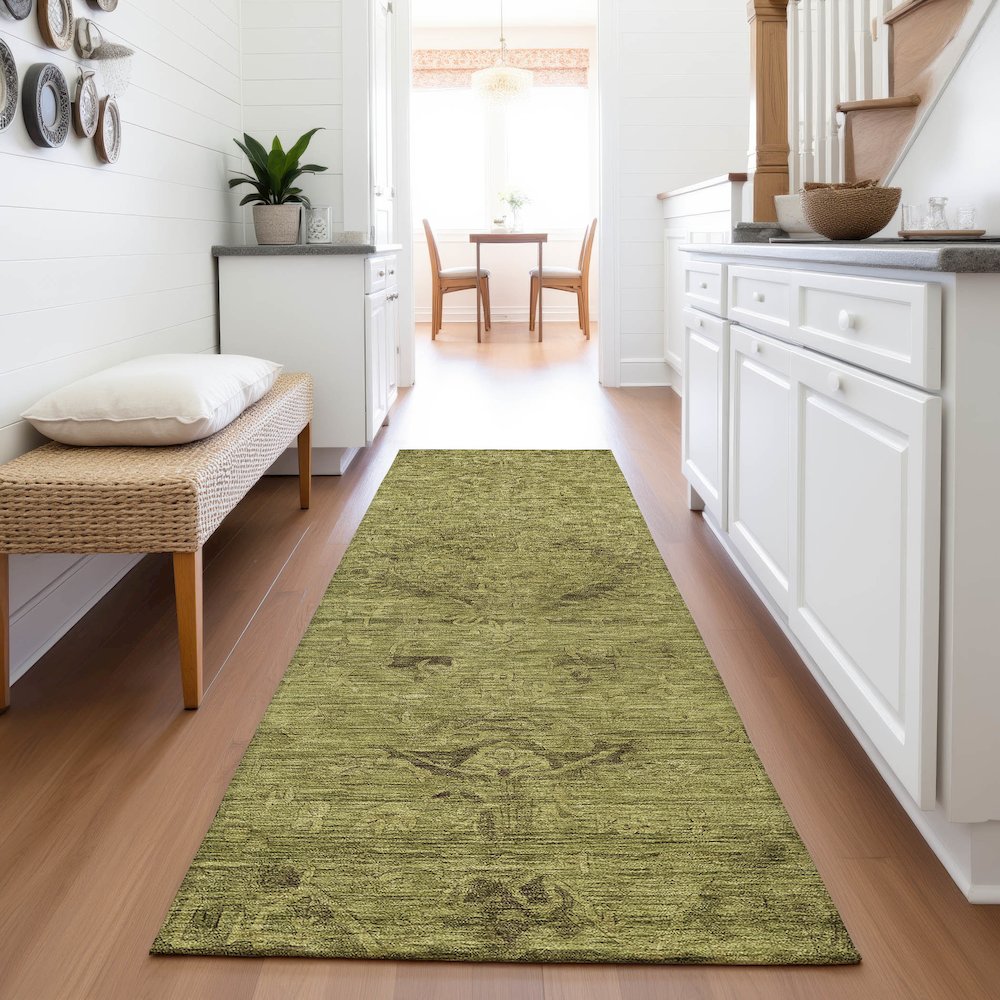Premium Machine Washable Mayfield AMF1111 Olive 2'3" x 7'6" Runner Rug. Picture 5