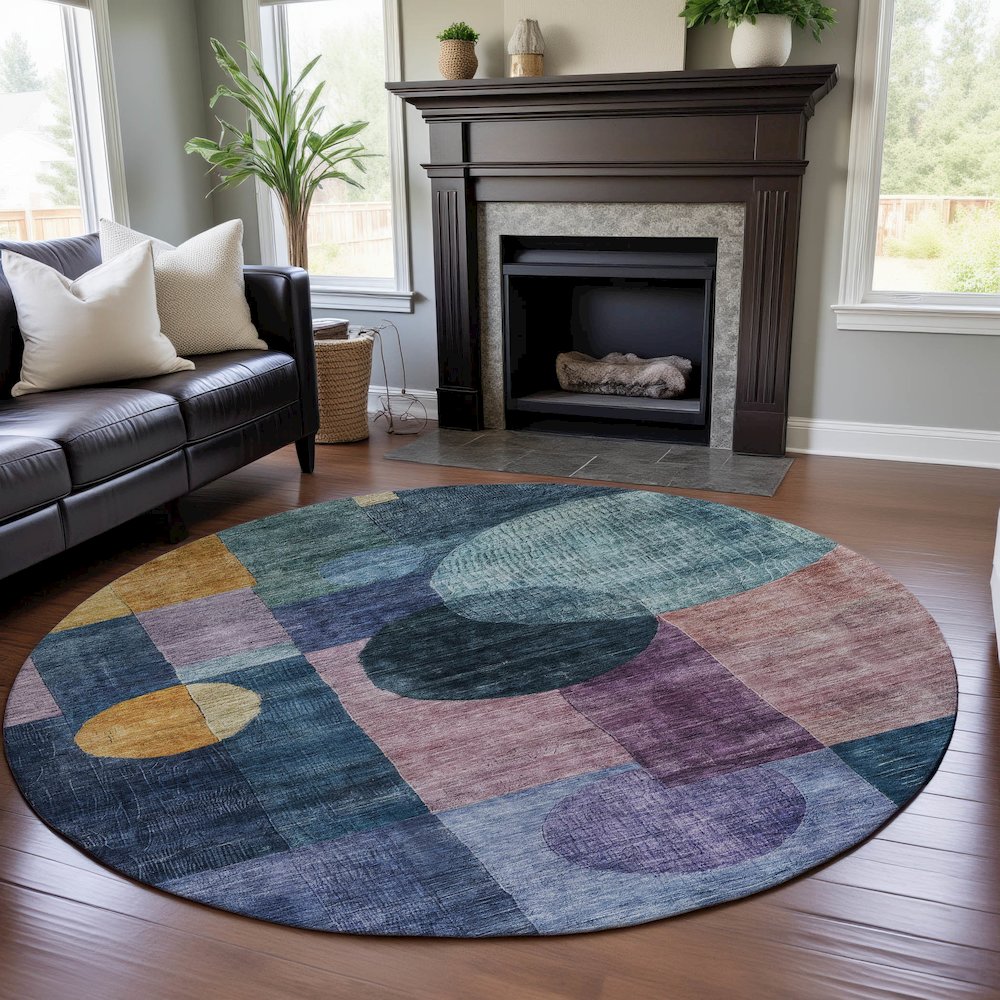 Premium Machine Washable Mayfield AMF1114 Blue 8' x 8' Round Rug. Picture 5