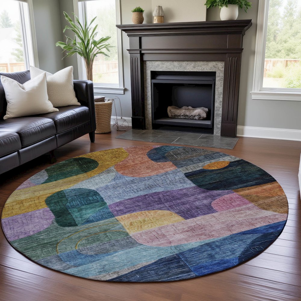 Premium Machine Washable Mayfield AMF1115 Blue 8' x 8' Round Rug. Picture 5
