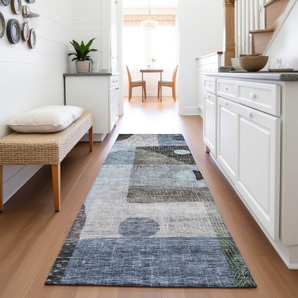 Premium Machine Washable Mayfield AMF1117 Blue 2'3" x 7'6" Runner Rug. Picture 5