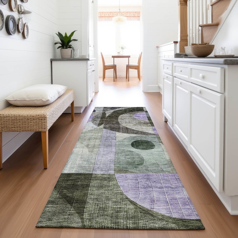 Premium Machine Washable Mayfield AMF1117 Olive 2'3" x 7'6" Runner Rug. Picture 5