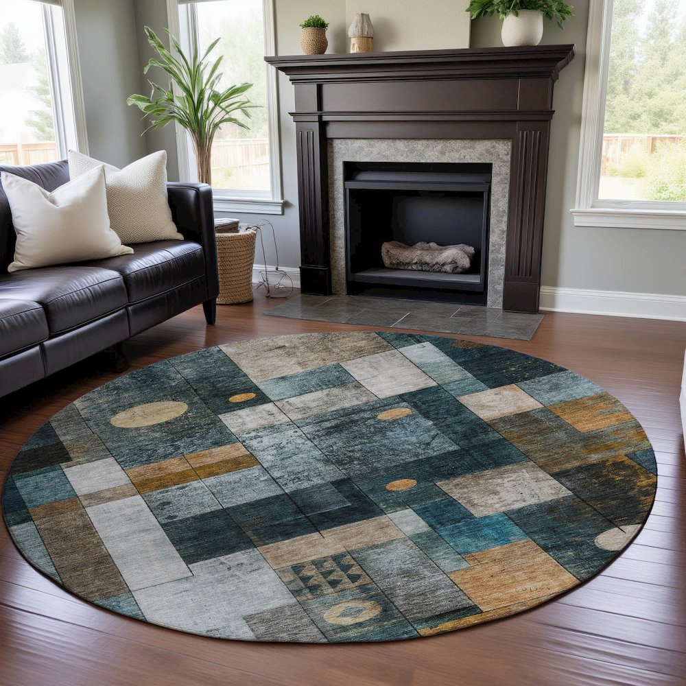 Premium Machine Washable Mayfield AMF1123 Teal 8' x 8' Round Rug. Picture 5