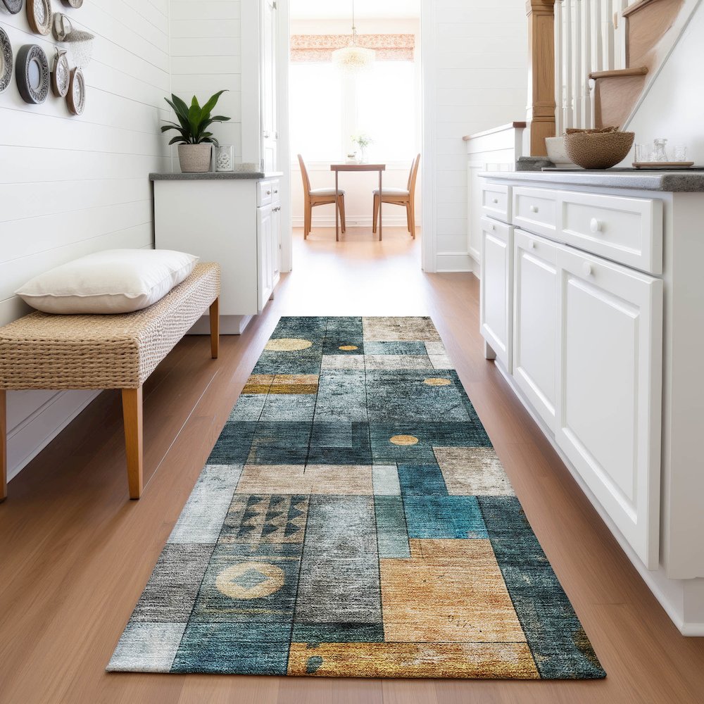 Premium Machine Washable Mayfield AMF1123 Teal 2'3" x 7'6" Runner Rug. Picture 5