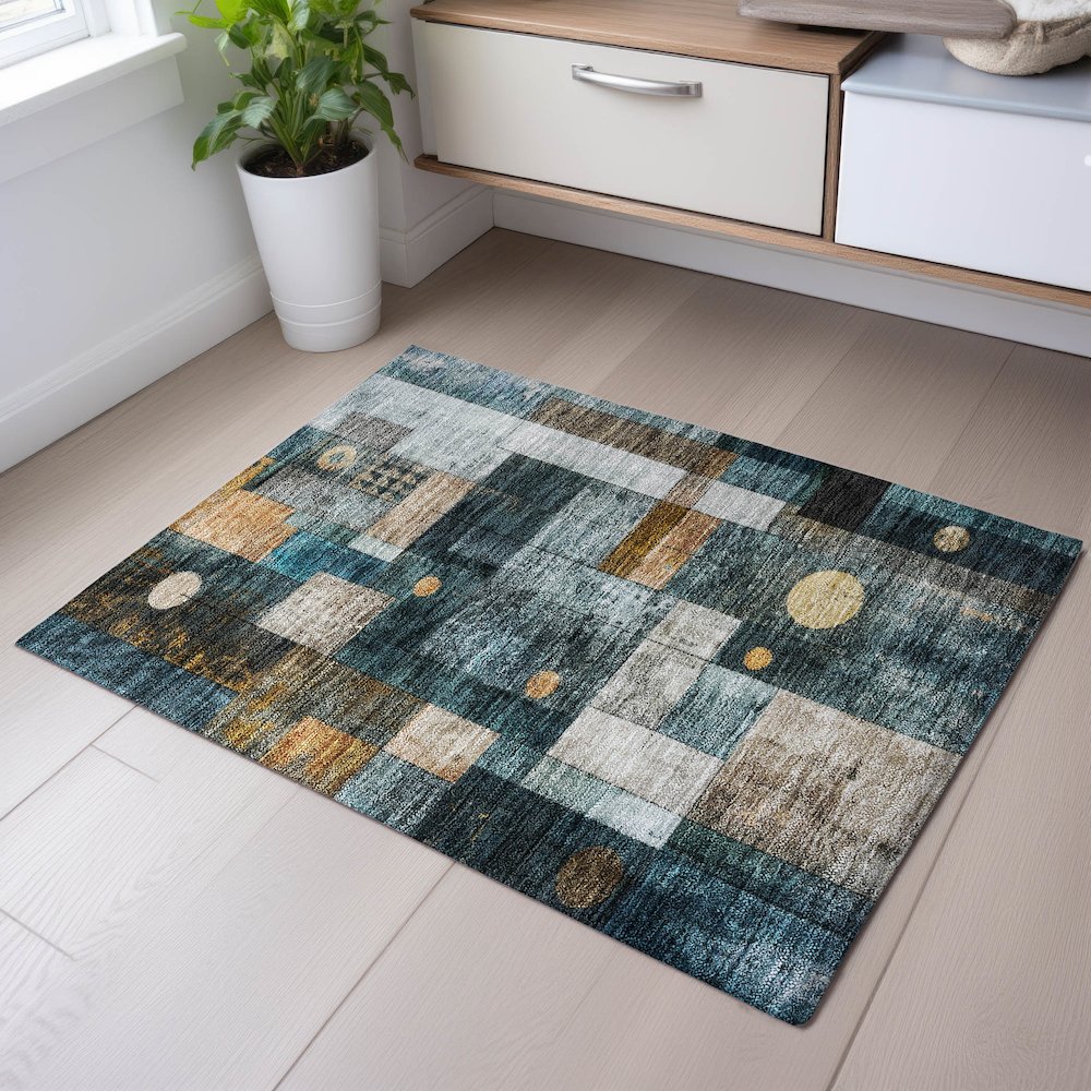 Premium Machine Washable Mayfield AMF1123 Teal 1'8" x 2'6" Rug. Picture 5