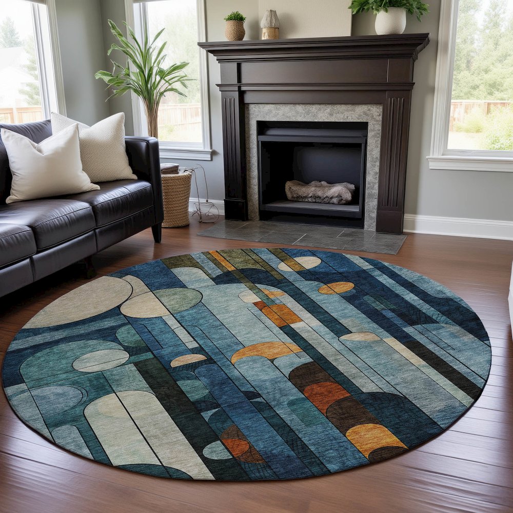 Premium Machine Washable Mayfield AMF1125 Blue 8' x 8' Round Rug. Picture 5