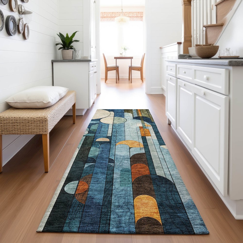 Premium Machine Washable Mayfield AMF1125 Blue 2'3" x 7'6" Runner Rug. Picture 5
