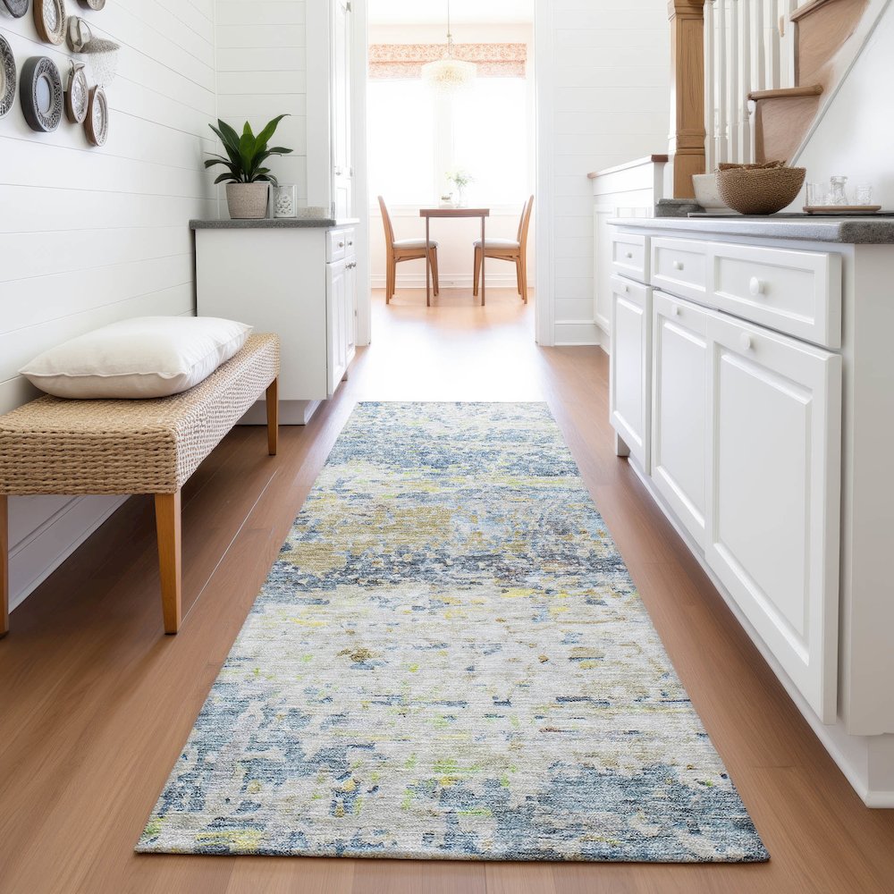 Premium Machine Washable Mayfield AMF1129 Blue 2'3" x 7'6" Runner Rug. Picture 5
