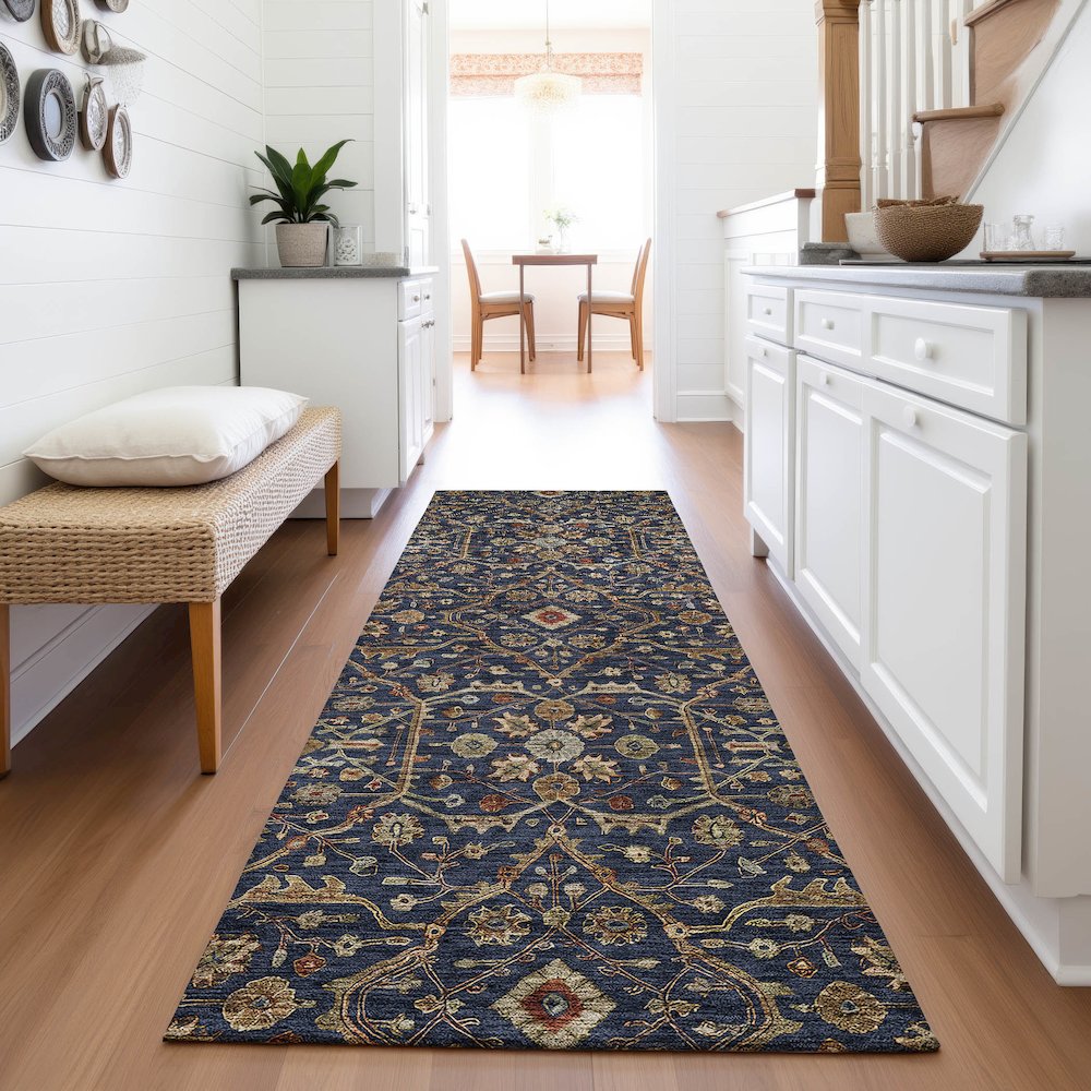 Premium Machine Washable Mayfield AMF1130 Navy 2'3" x 7'6" Runner Rug. Picture 5