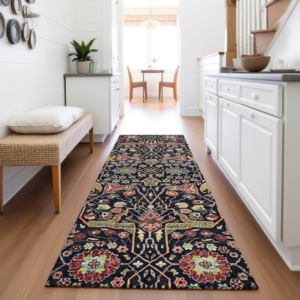 Premium Machine Washable Mayfield AMF1132 Black 2'3" x 7'6" Runner Rug. Picture 5