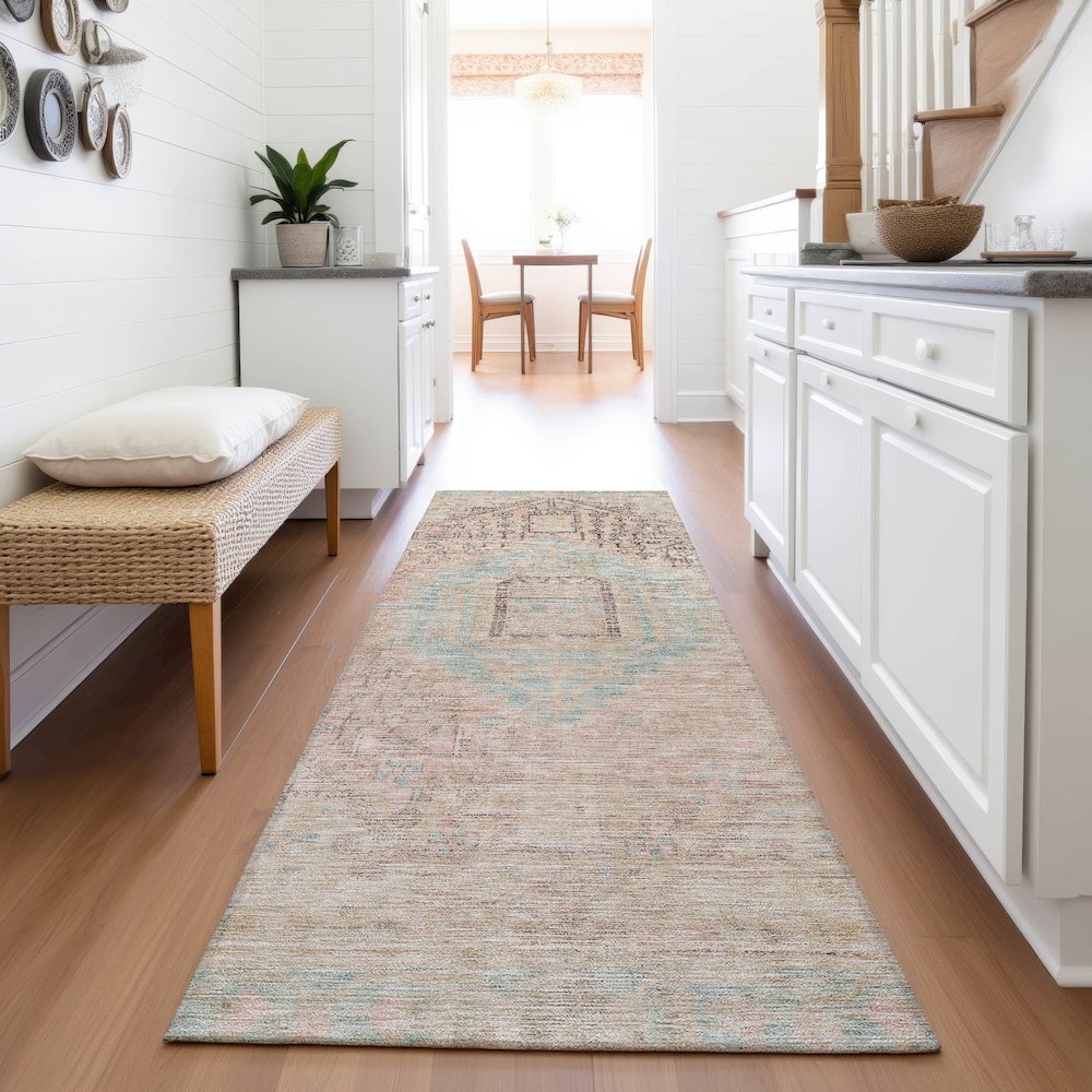 Premium Machine Washable Mayfield AMF1134 Pink 2'3" x 7'6" Runner Rug. Picture 5