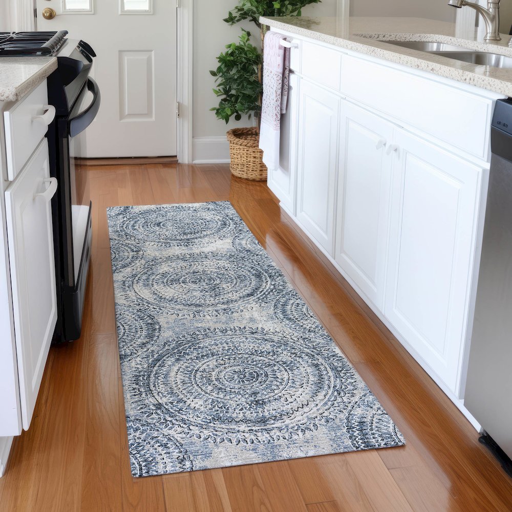 Premium Machine Washable Mayfield  Blue 2'3" x 7'6" Runner Rug. Picture 5