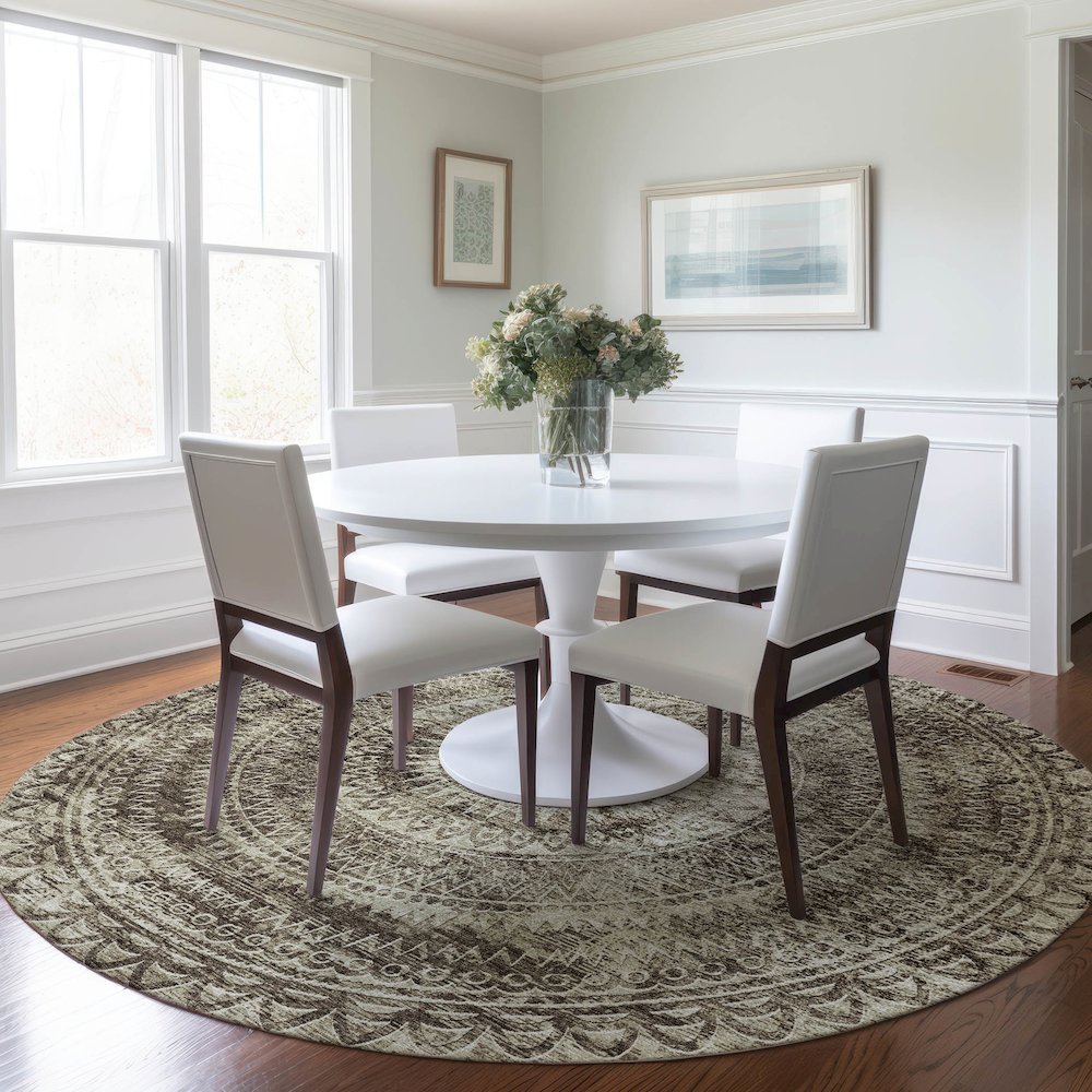 Premium Machine Washable Mayfield  Brown 8' x 8' Round Rug. Picture 5