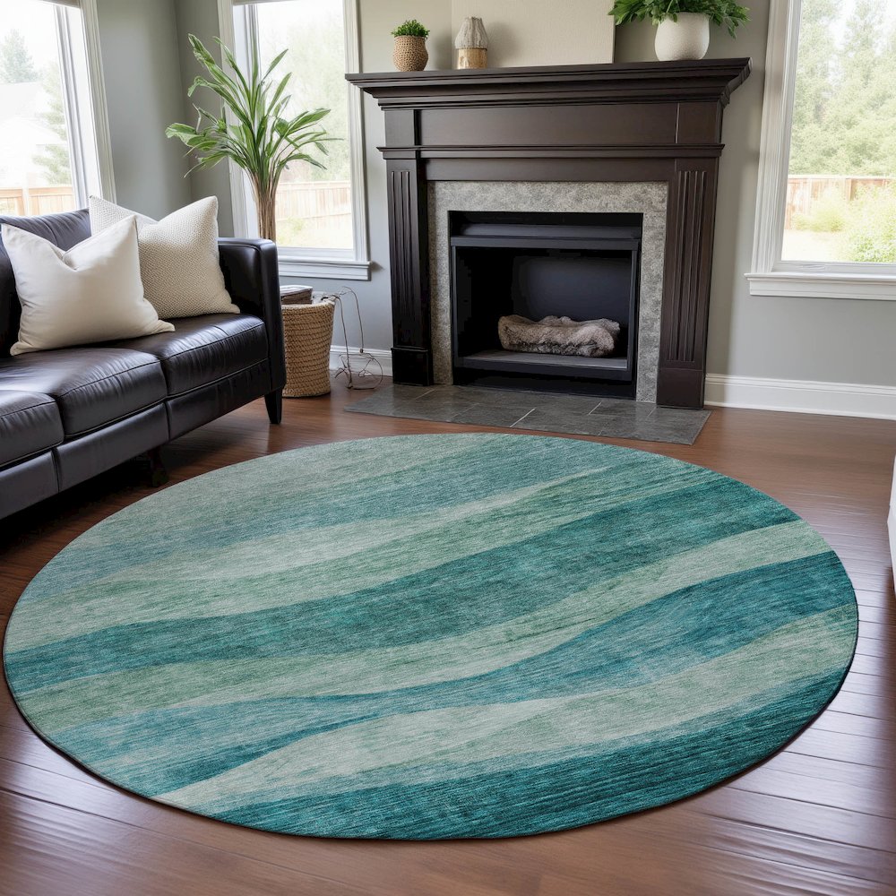 Premium Machine Washable Mayfield AMF1141 Teal 8' x 8' Round Rug. Picture 5