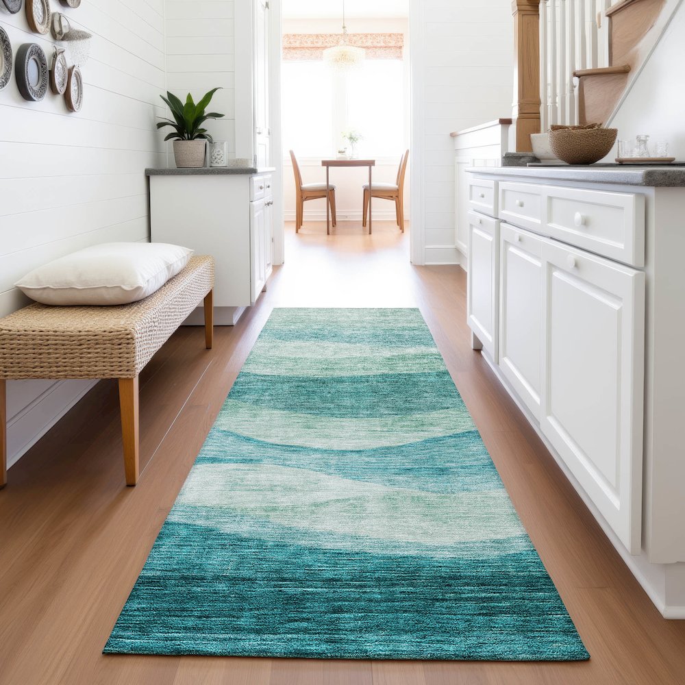 Premium Machine Washable Mayfield AMF1141 Teal 2'3" x 7'6" Runner Rug. Picture 5