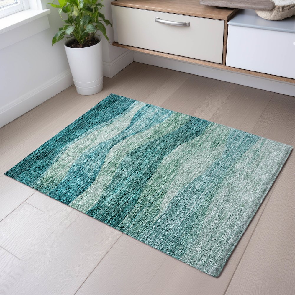 Premium Machine Washable Mayfield AMF1141 Teal 1'8" x 2'6" Rug. Picture 5