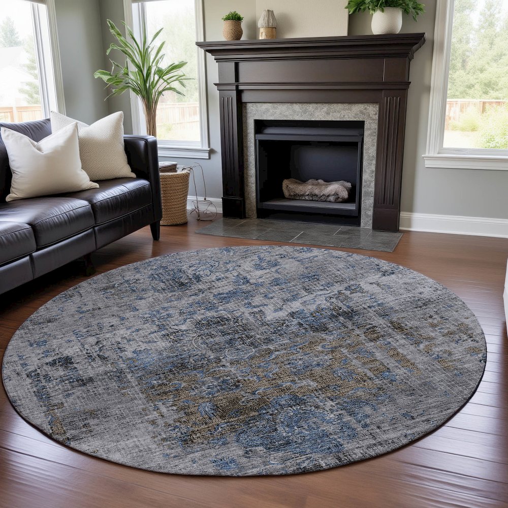Premium Machine Washable Mayfield AMF1144 Blue 8' x 8' Round Rug. Picture 5
