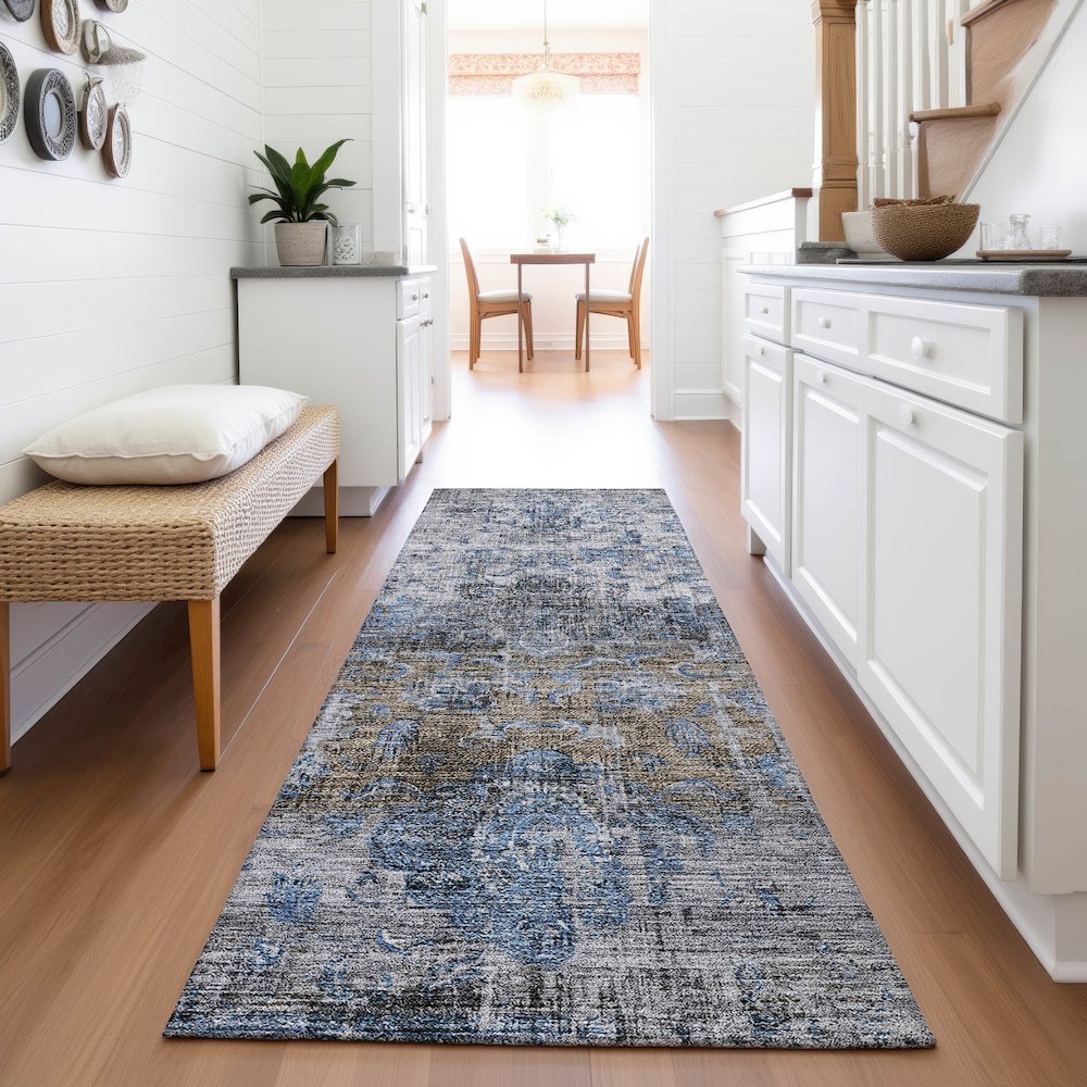 Premium Machine Washable Mayfield AMF1144 Blue 2'3" x 7'6" Runner Rug. Picture 5