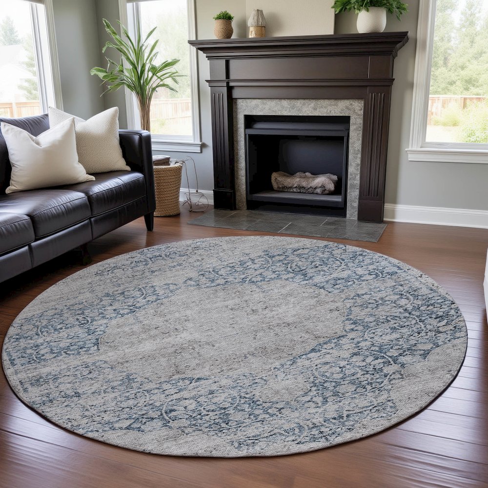 Premium Machine Washable Mayfield AMF1146 Blue 8' x 8' Round Rug. Picture 5