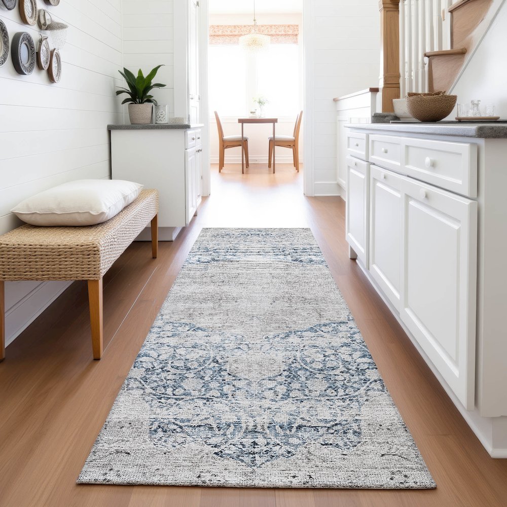 Premium Machine Washable Mayfield AMF1146 Blue 2'3" x 7'6" Runner Rug. Picture 5