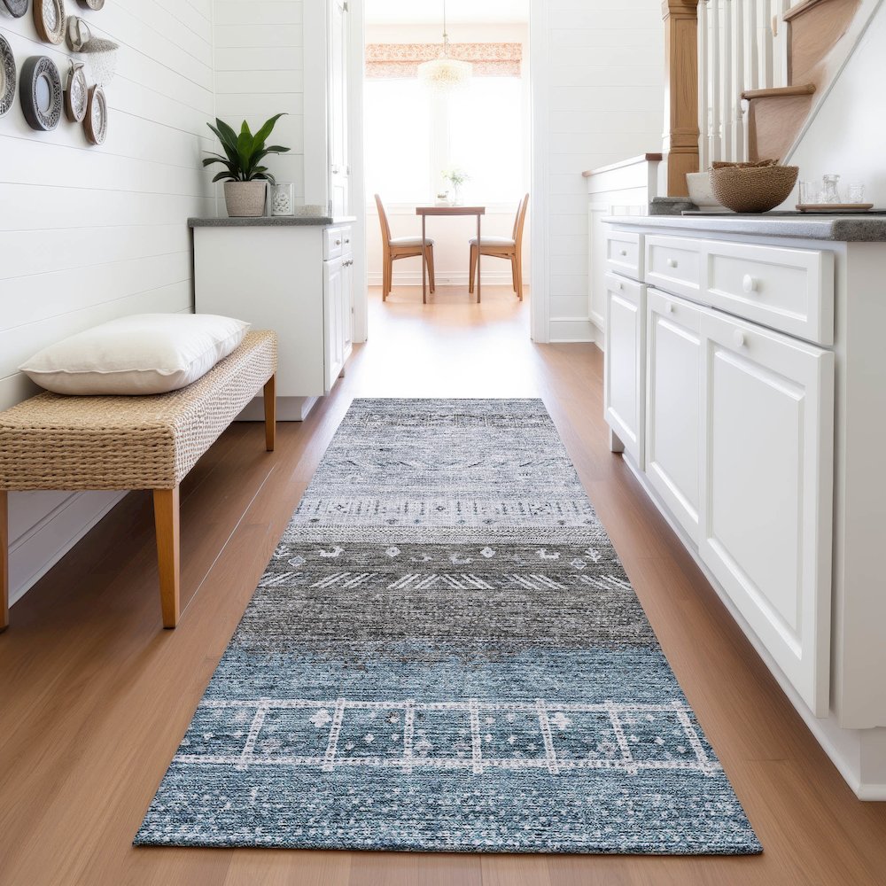 Premium Machine Washable Mayfield AMF1147 Blue 2'3" x 7'6" Runner Rug. Picture 5