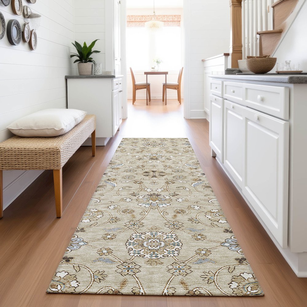 Premium Machine Washable Mayfield AMF1149 Beige 2'3" x 7'6" Runner Rug. Picture 5