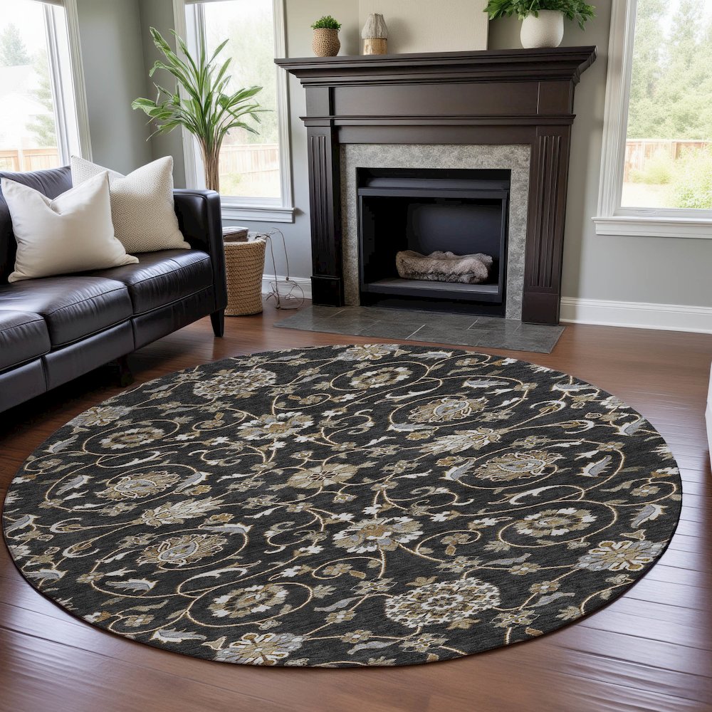 Premium Machine Washable Mayfield AMF1149 Black 8' x 8' Round Rug. Picture 5