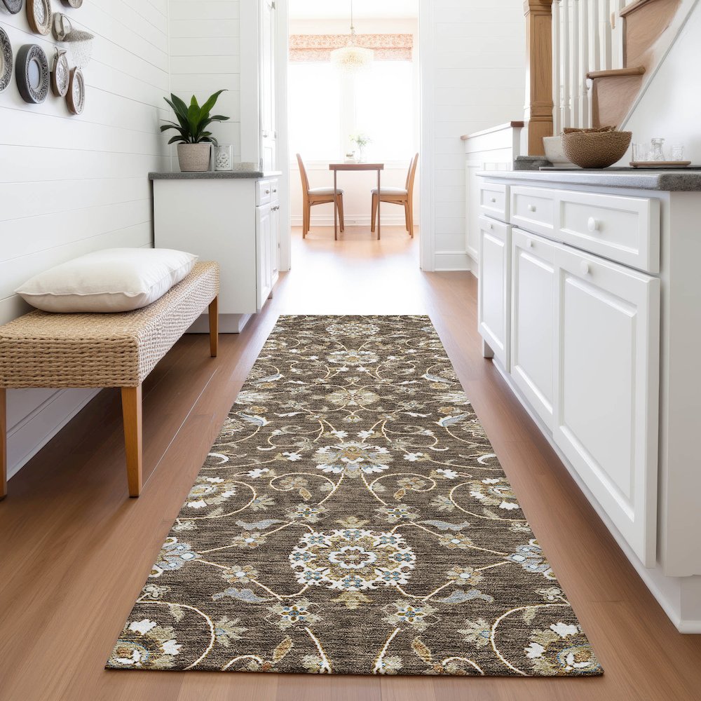 Premium Machine Washable Mayfield AMF1149 Chocolate 2'3" x 7'6" Runner Rug. Picture 5
