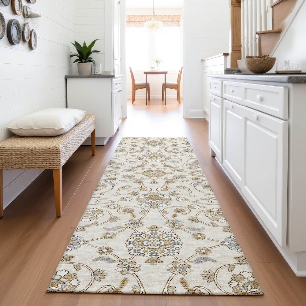Premium Machine Washable Mayfield AMF1149 Ivory 2'3" x 7'6" Runner Rug. Picture 5