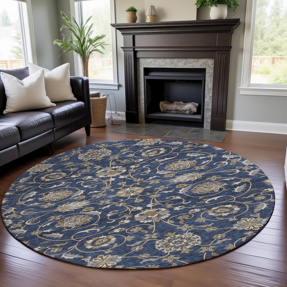 Premium Machine Washable Mayfield AMF1149 Navy 8' x 8' Round Rug. Picture 5