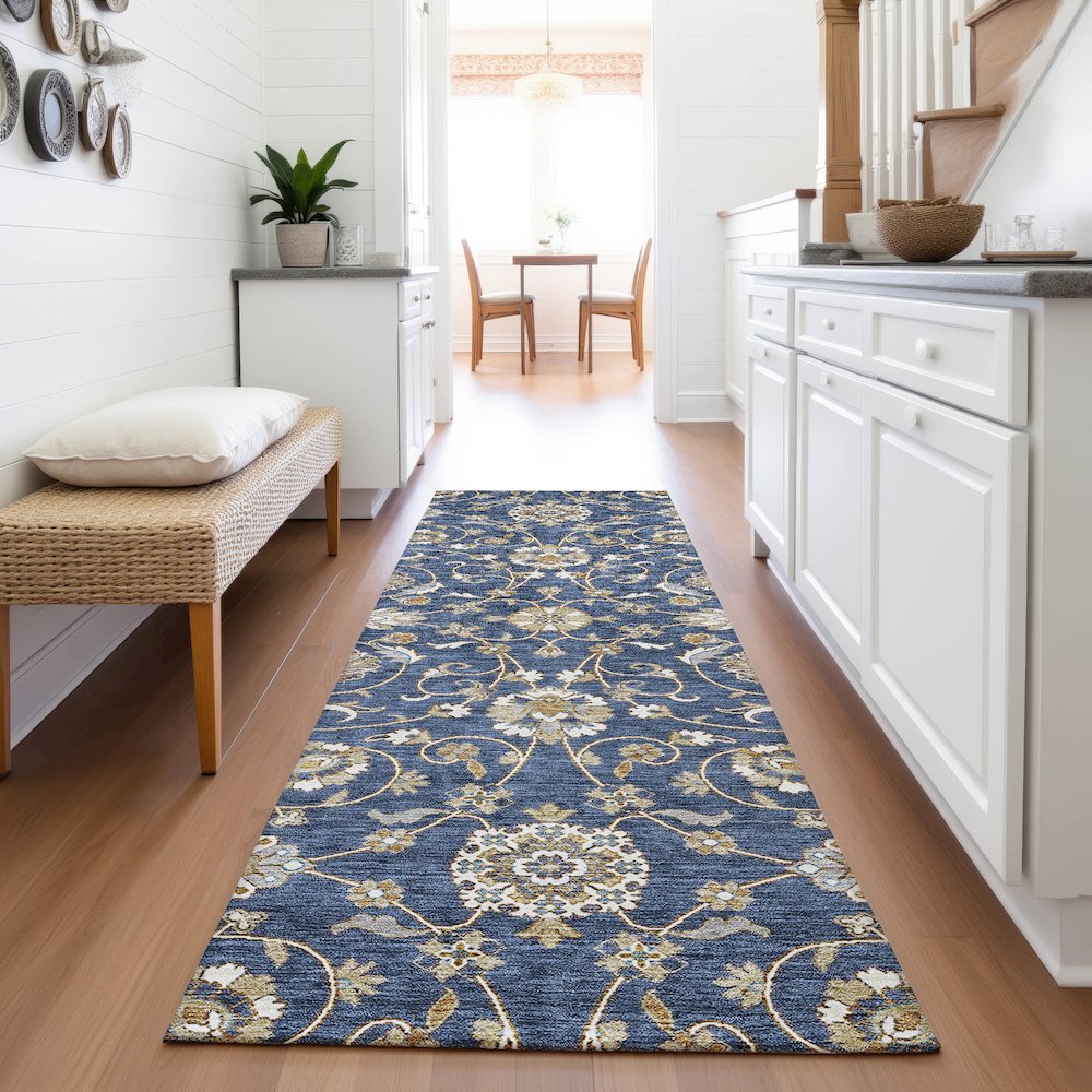 Premium Machine Washable Mayfield AMF1149 Navy 2'3" x 7'6" Runner Rug. Picture 5