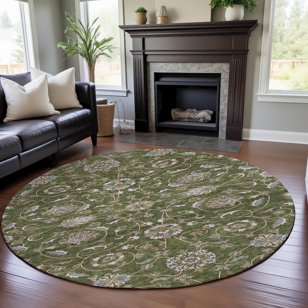 Premium Machine Washable Mayfield AMF1149 Olive 8' x 8' Round Rug. Picture 5