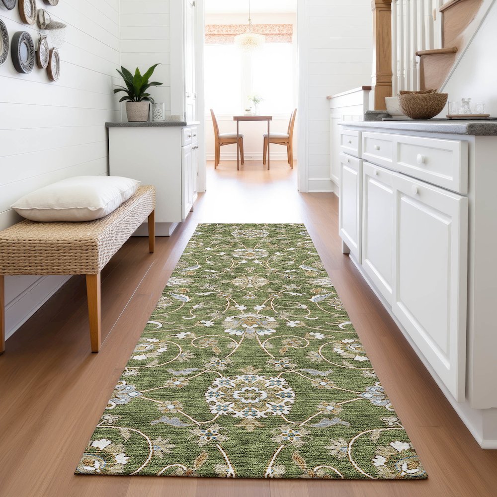 Premium Machine Washable Mayfield AMF1149 Olive 2'3" x 7'6" Runner Rug. Picture 5