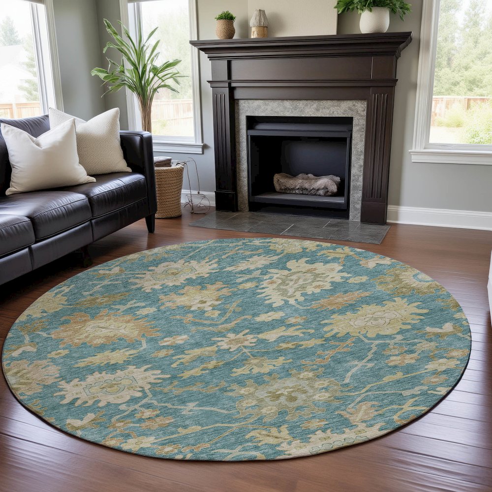 Premium Machine Washable Mayfield AMF1150 Teal 8' x 8' Round Rug. Picture 5