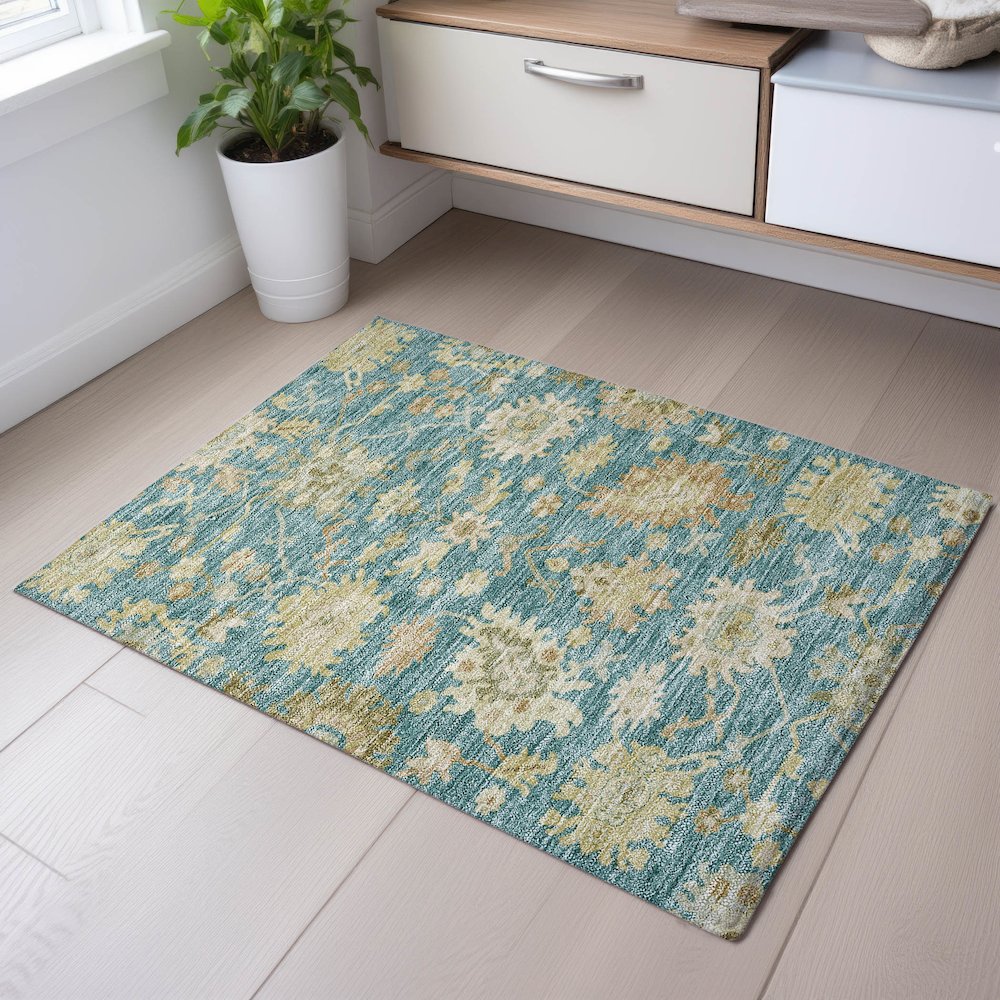 Premium Machine Washable Mayfield AMF1150 Teal 1'8" x 2'6" Rug. Picture 5