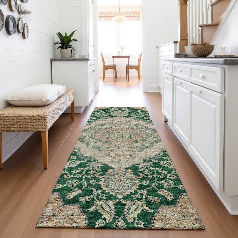 Premium Machine Washable Mayfield AMF1151 Emerald 2'3" x 7'6" Runner Rug. Picture 5
