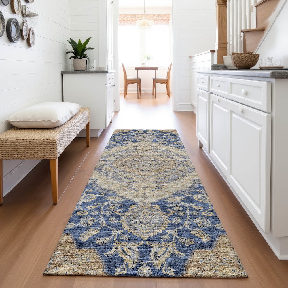 Premium Machine Washable Mayfield AMF1151 Navy 2'3" x 7'6" Runner Rug. Picture 5