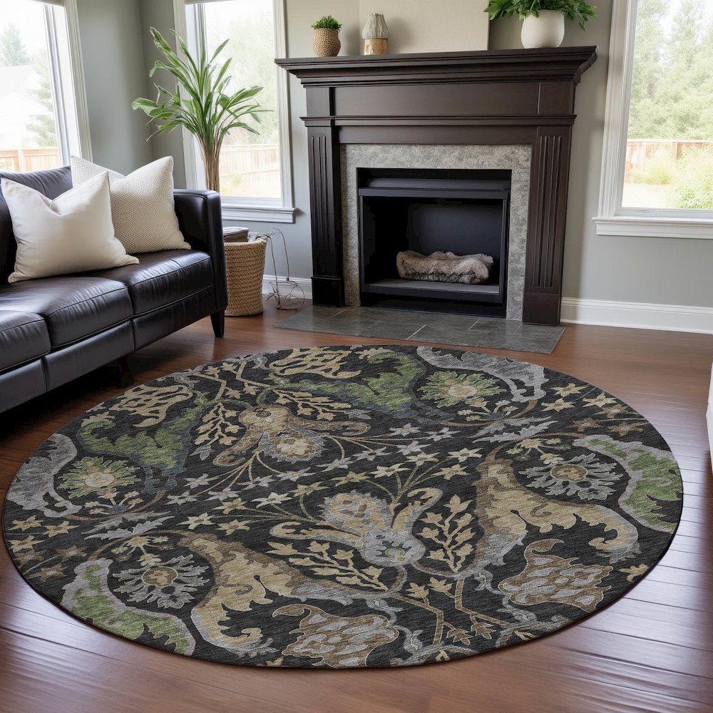 Premium Machine Washable Mayfield AMF1153 Black 8' x 8' Round Rug. Picture 5